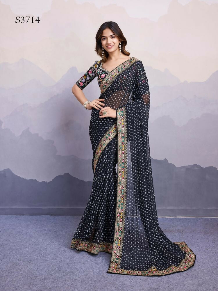 Black Georgette Bandhani Printed,Embroidery Work Saree - Surkhi