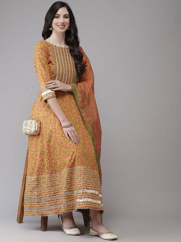Yufta Yellow Printed kurta with Trouser Dupatta Set