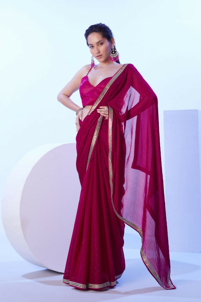 Pink Satin Moss Solid Designer & Lace Work Saree - Samaa