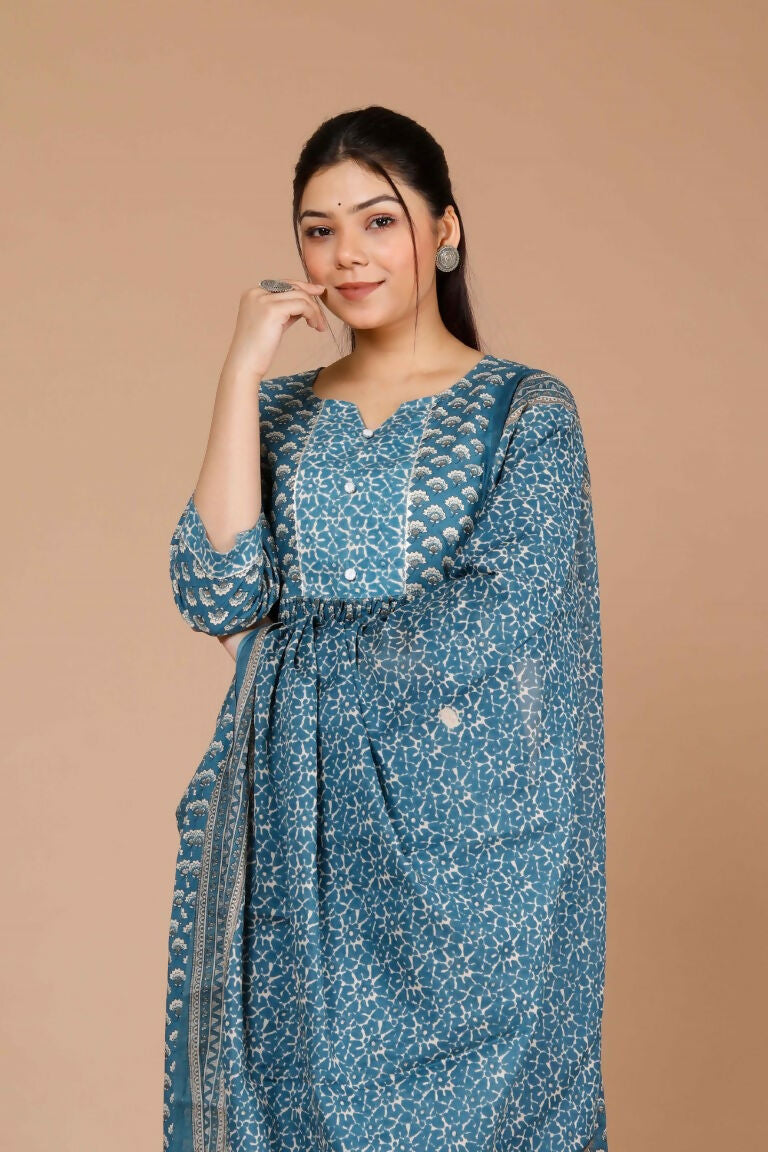 Miravan Women's Blue Ethnic Motifs Printed Gotta Patti Cotton Kurta With Palazzo & Dupatta