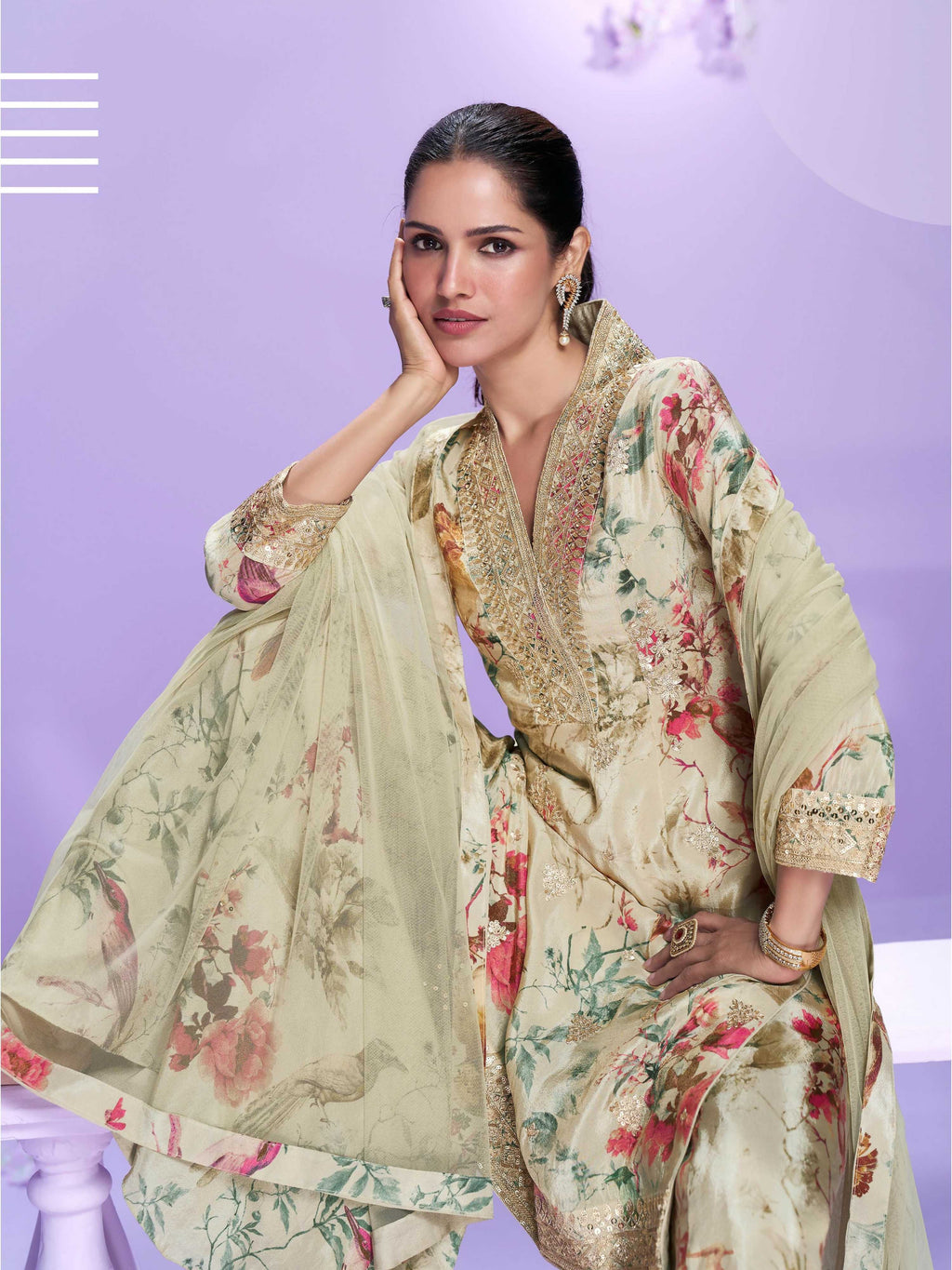 Anaita Cream Chinon Readymade Palazzo Suit with Digital Embroidery Work - Distacart