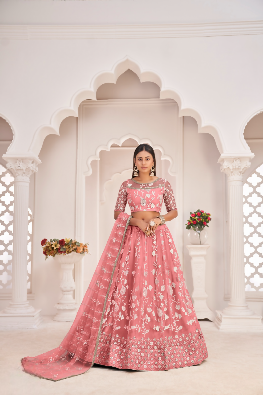 Eilara Women'S Peach Butterfly Net White Cotton Thread And Zari Sequence Embroidered Work Lehenga Choli For Party Wear