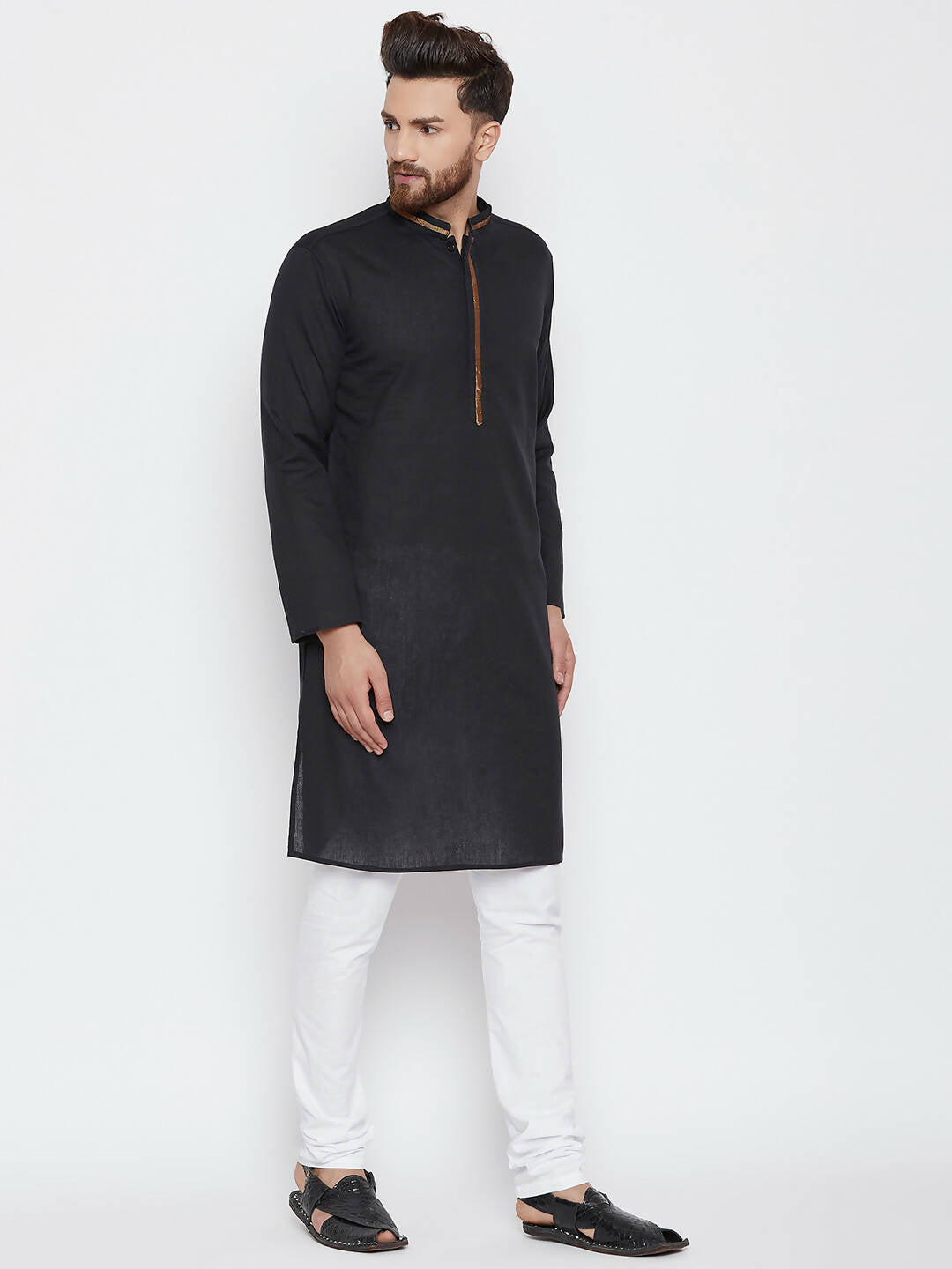 Even Apparels Black Color Pure Cotton Men's Kurta With Band Collar - Distacart