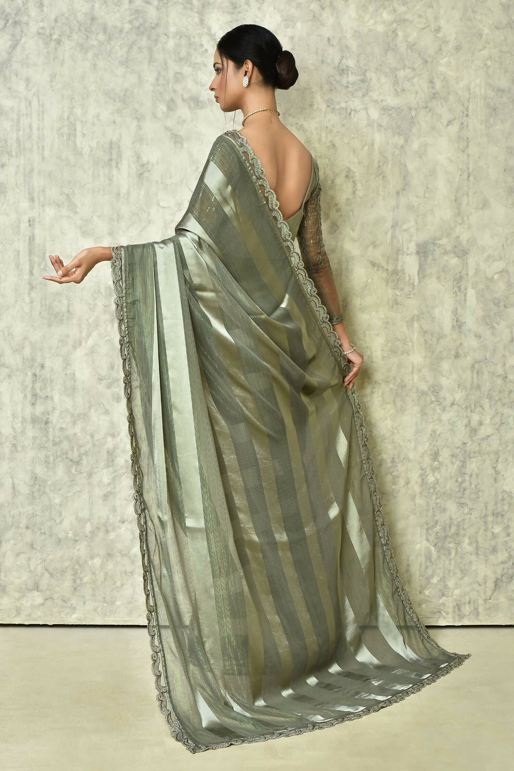 Grey Silk Stripe Saree With Blouse Piece - Purvi
