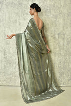 Grey Silk Stripe Saree With Blouse Piece - Purvi