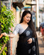Black Pure Linen Woven Design Saree with Unstitched Blouse - A2M - Distacart