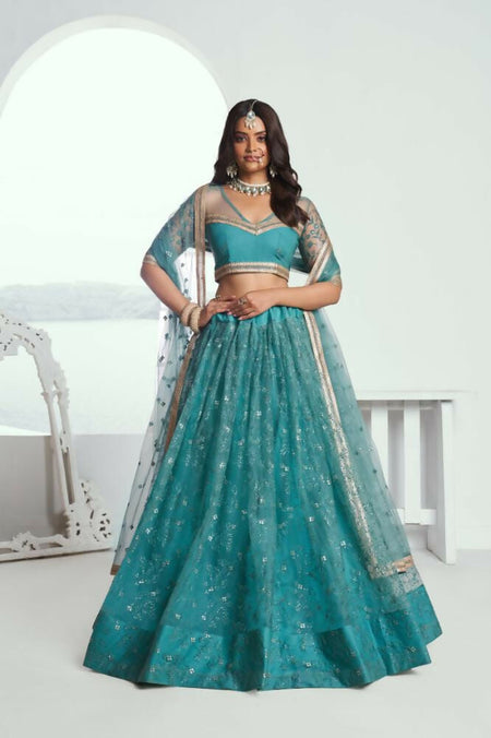 Aastha Fashion Rama Green Butterfly Net Tone To Tone Cotton Thread Work And Sequence Work Embroidery Wedding Wear Lehenga Choli
