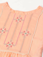 Peach Poly Cotton Yoke Embroidered A-line Top - Tarini