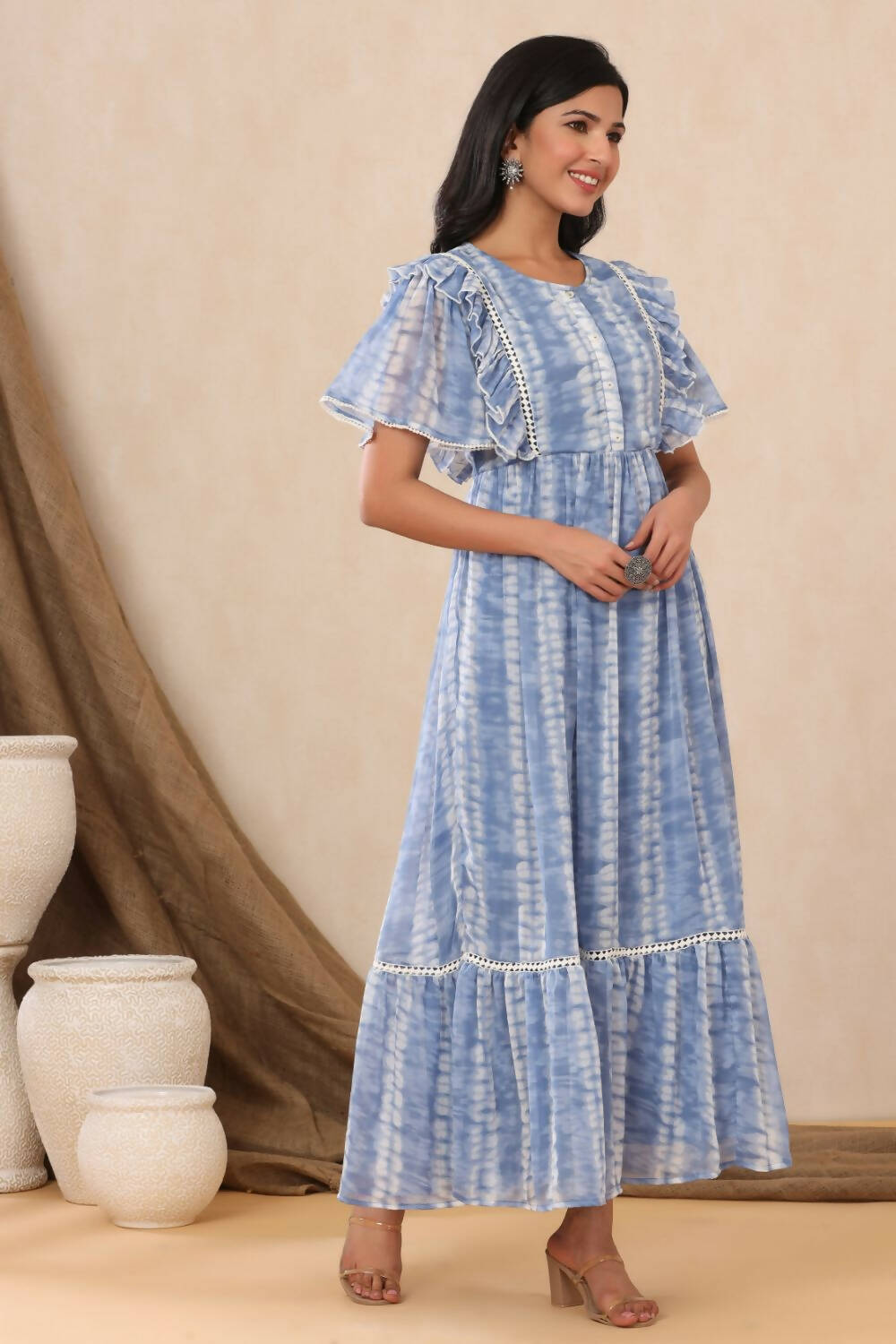 Juniper Womens Powderblue Chiffon Printed Tiered Dress - Distacart