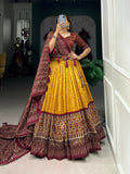 Vastranavya Bandhej And Ajarakh Print Tussar Silk Lehenga Choli - Mustard