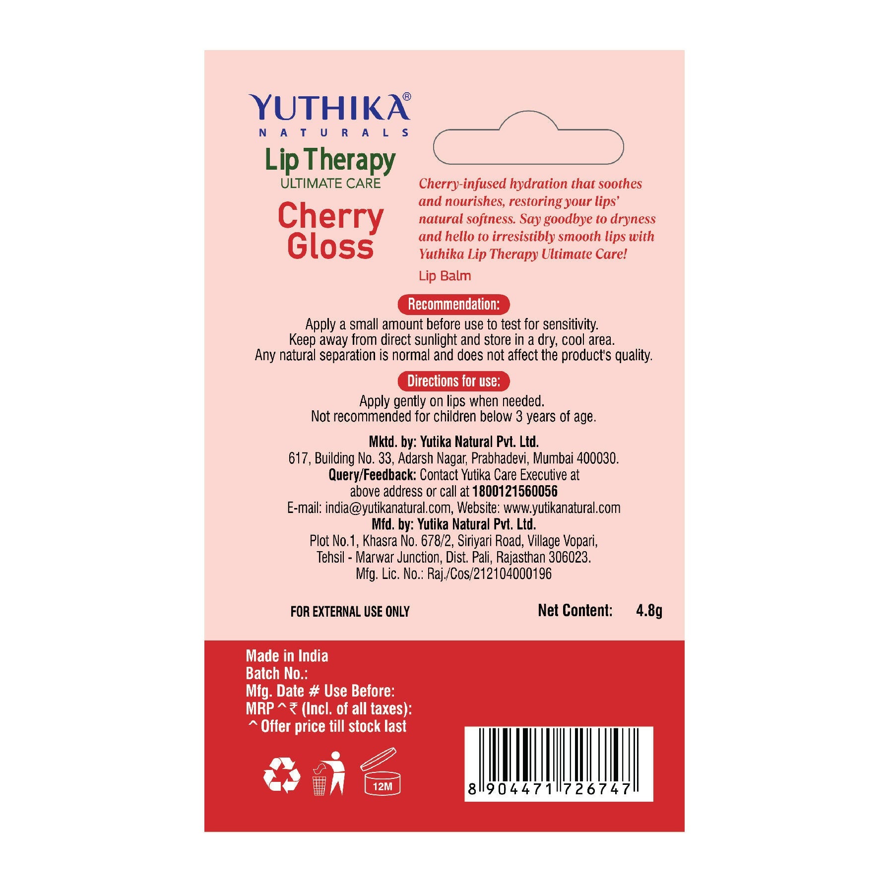 Yuthika Moisturizing Lip Balm – Cherry Gloss - Distacart