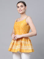 Ahalyaa Women Mustard Pure Cotton Porcian Print Shoulder Straps Tunic - Distacart