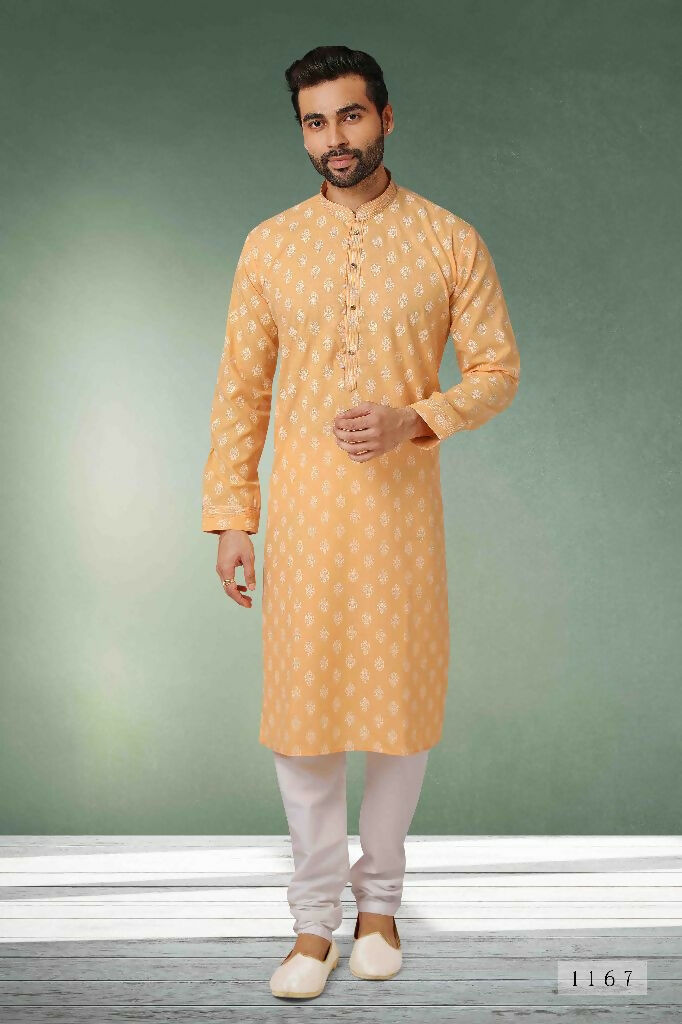 Raivat Ethnic Cotton Printed Work Kurta Pajama In Peach Colour