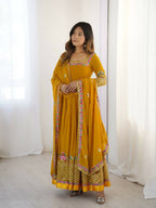 Teeya Creation Yellow Color Heavy Georgette Wedding Wear Embroidery Work Long Gown - Distacart