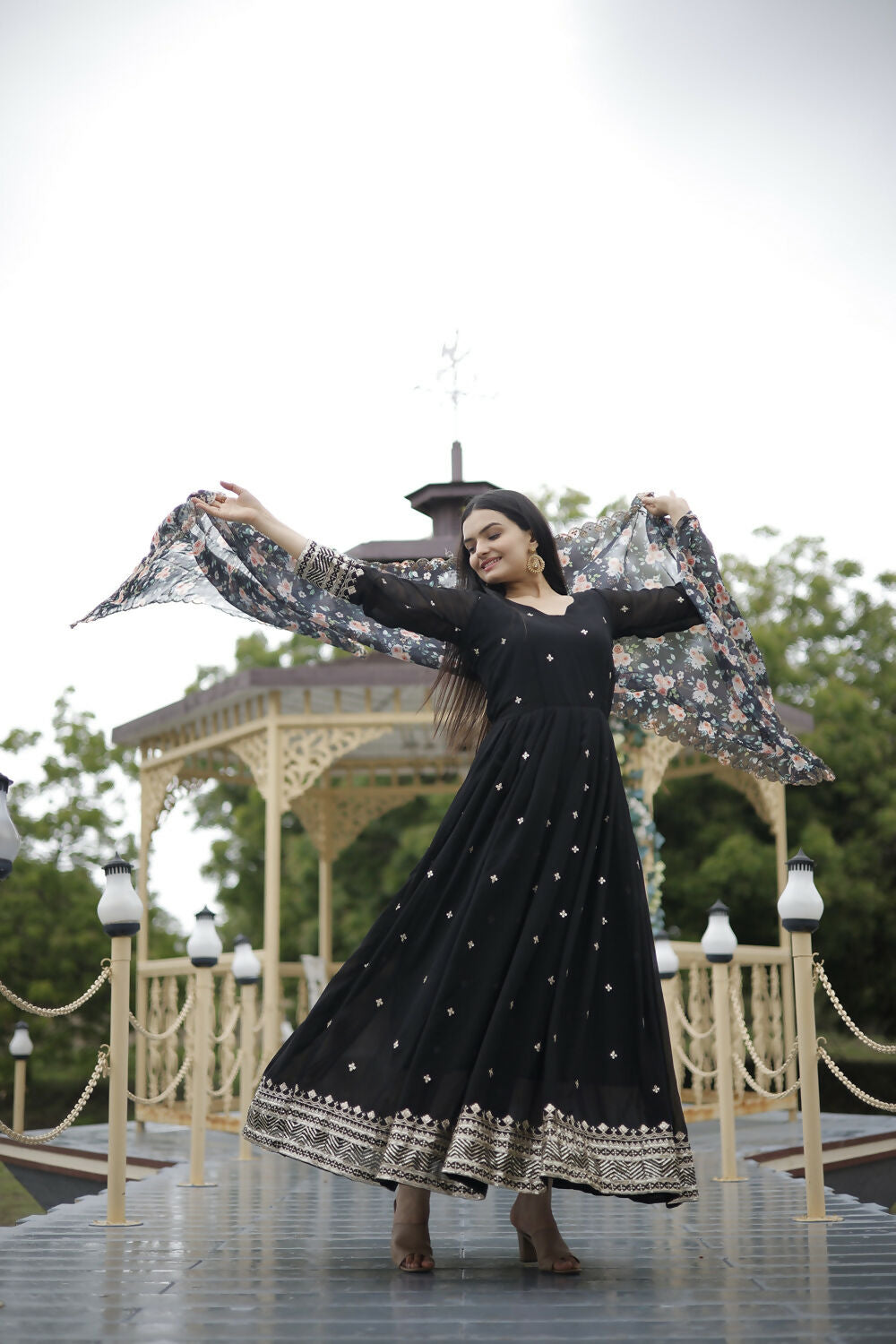 Aayaa Designer Embroidery Zari Sequins-Work Faux Blooming Georgette Suit - Black - Distacart