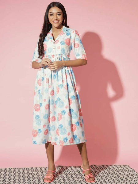 Myshka Women Multi Floral Rayon A-Line V-Neck Dress