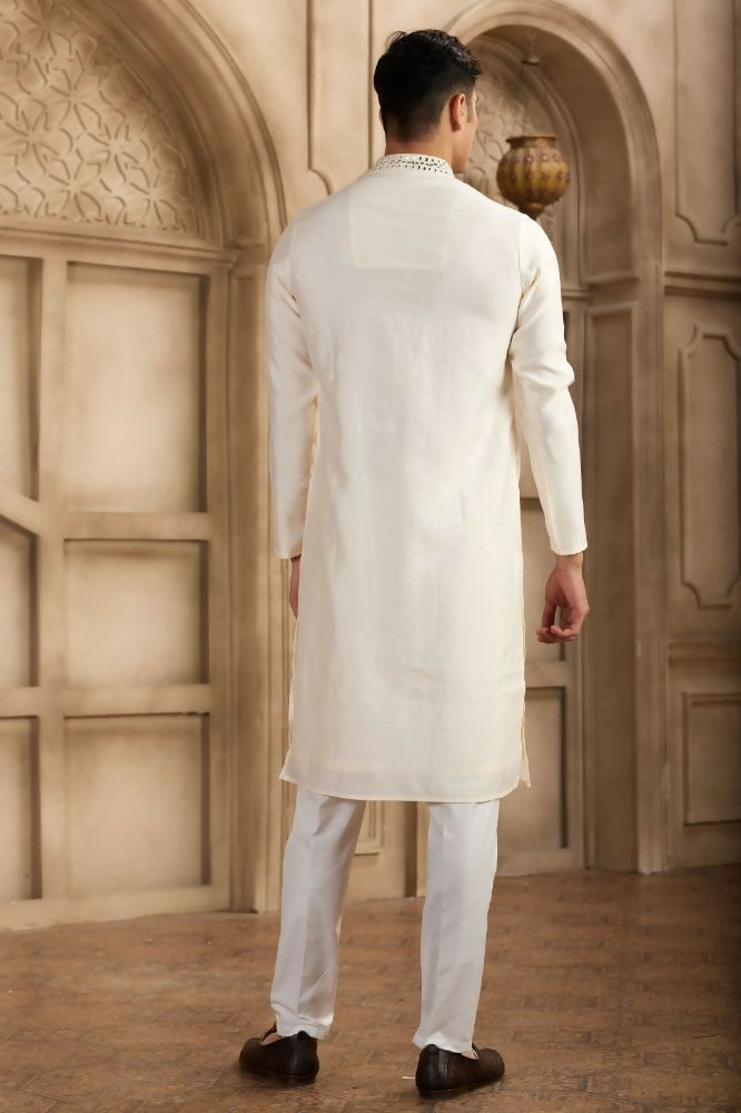 Raivat Ethnic Banarasi Art Silk Mirror Work Kurta Pajama In Cream Colour