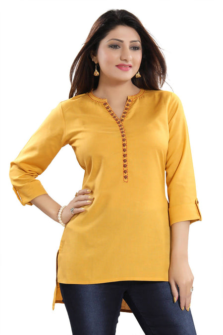 Snehal Creations Desirable Mustard Rayon Cotton Hi-Low Short Kurti Top