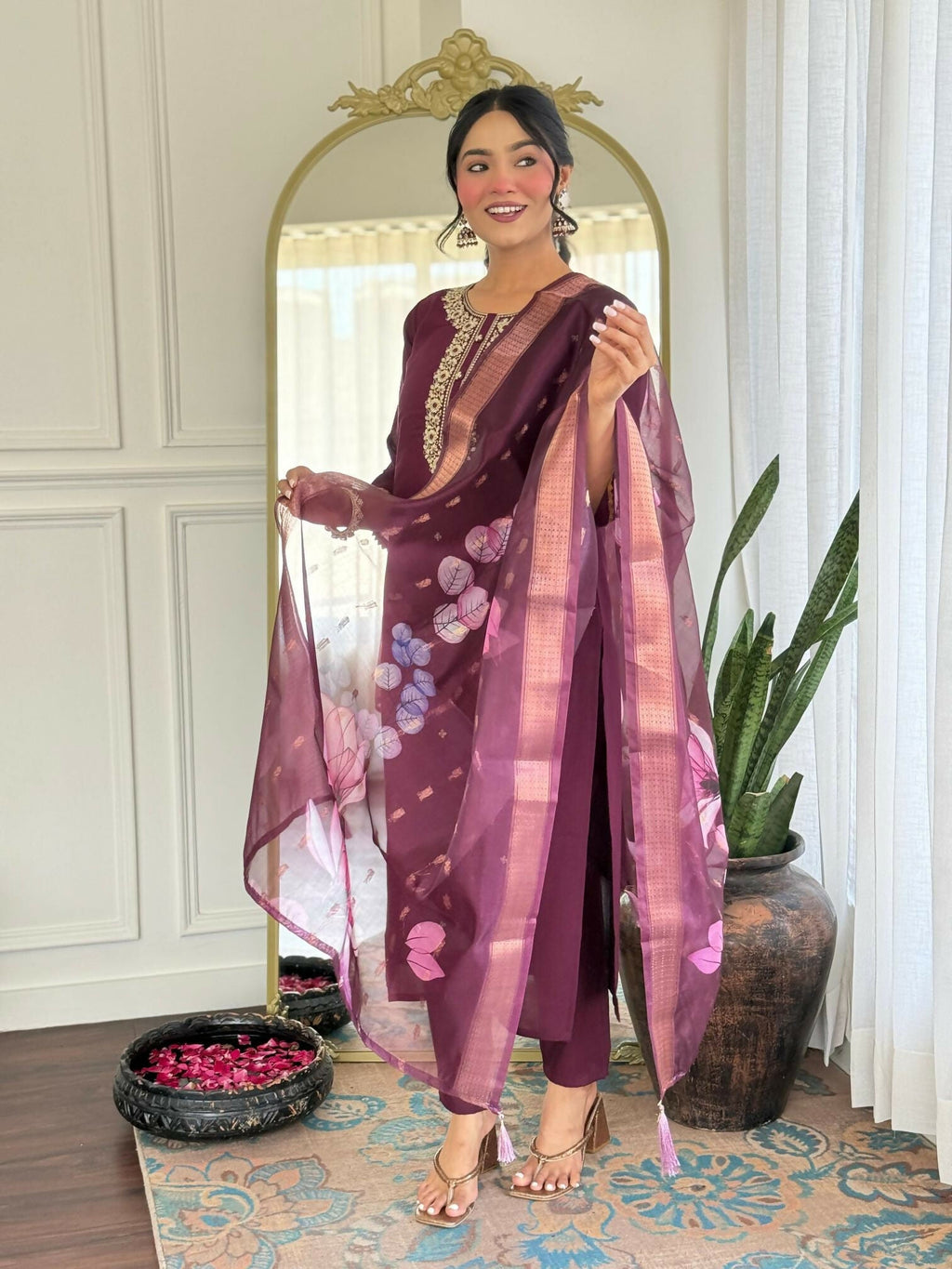 The52 Wine Women's Gorgeous Rayon Fabric Embroidered Work Straight Kurta Pant and Dupatta Set - Distacart