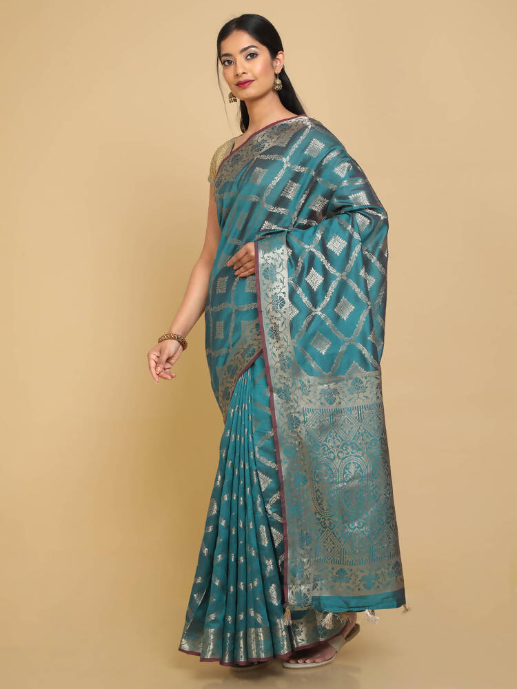 Kalamandir Checked Dark Blue Silk Blend Saree