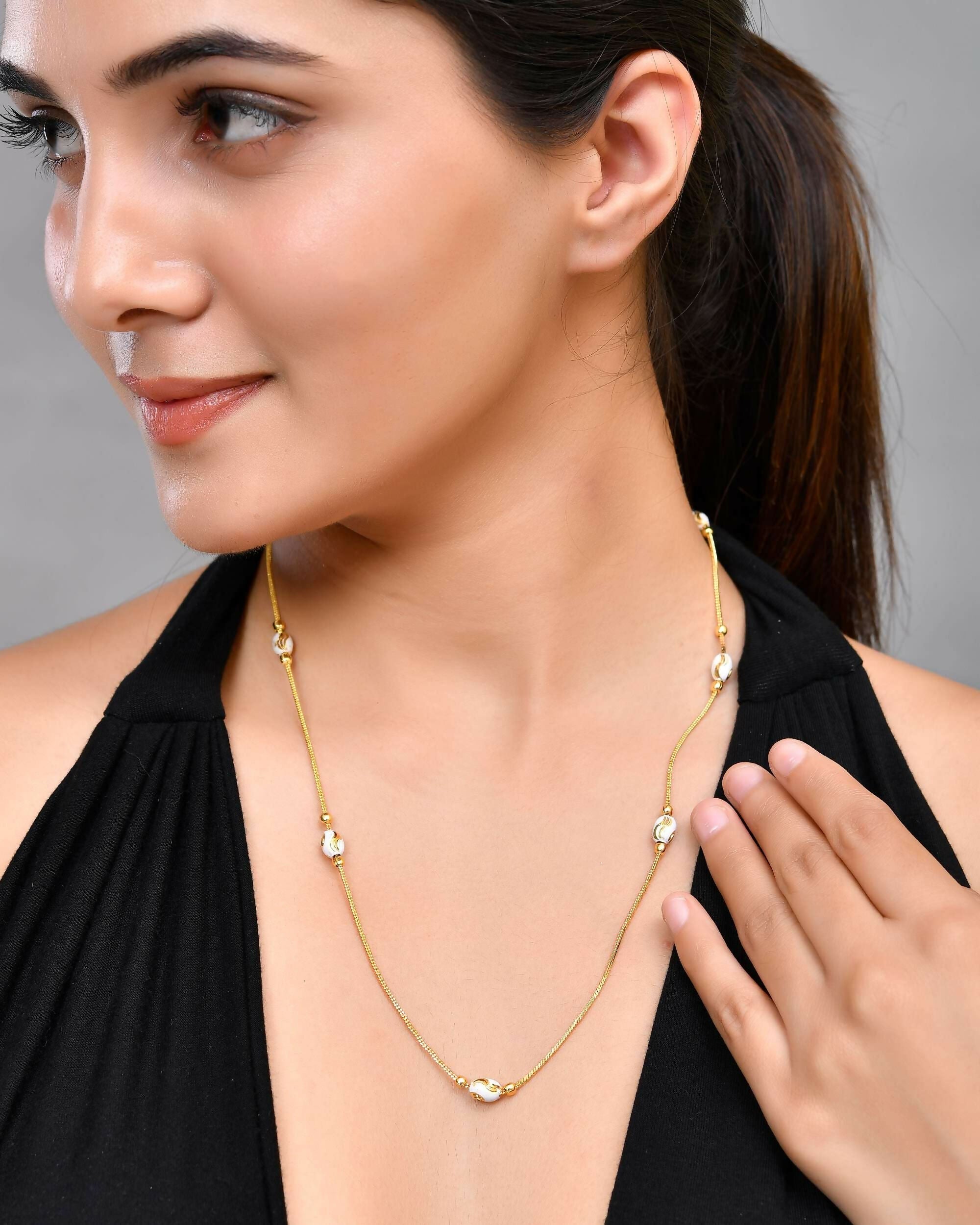 VOJ Gold-Polished Chain with White Hand Crafted Beads