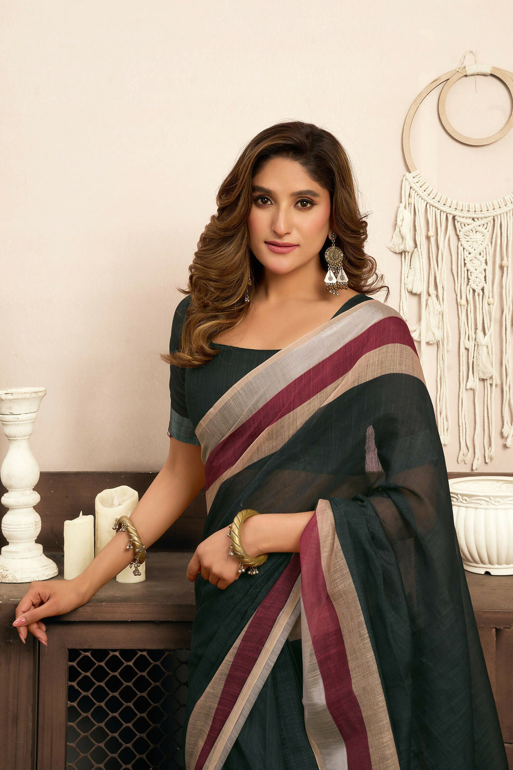 Joban Fashion  Black Solid Linen Ready To Wear Saree With Unstitched Blouse - Distacart
