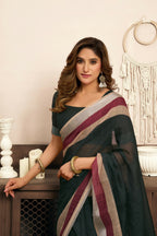 Joban Fashion  Black Solid Linen Ready To Wear Saree With Unstitched Blouse - Distacart