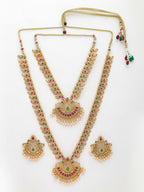 NVR Women's Set of 2 Gold-Polished Green & Pink Stone Studded Peacock Design Temple Jewellery Set