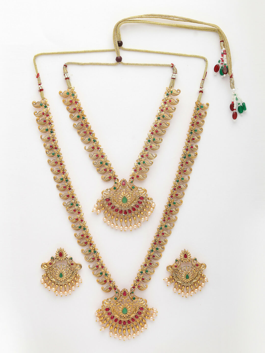 NVR Women's Set of 2 Gold-Polished Green & Pink Stone Studded Peacock Design Temple Jewellery Set