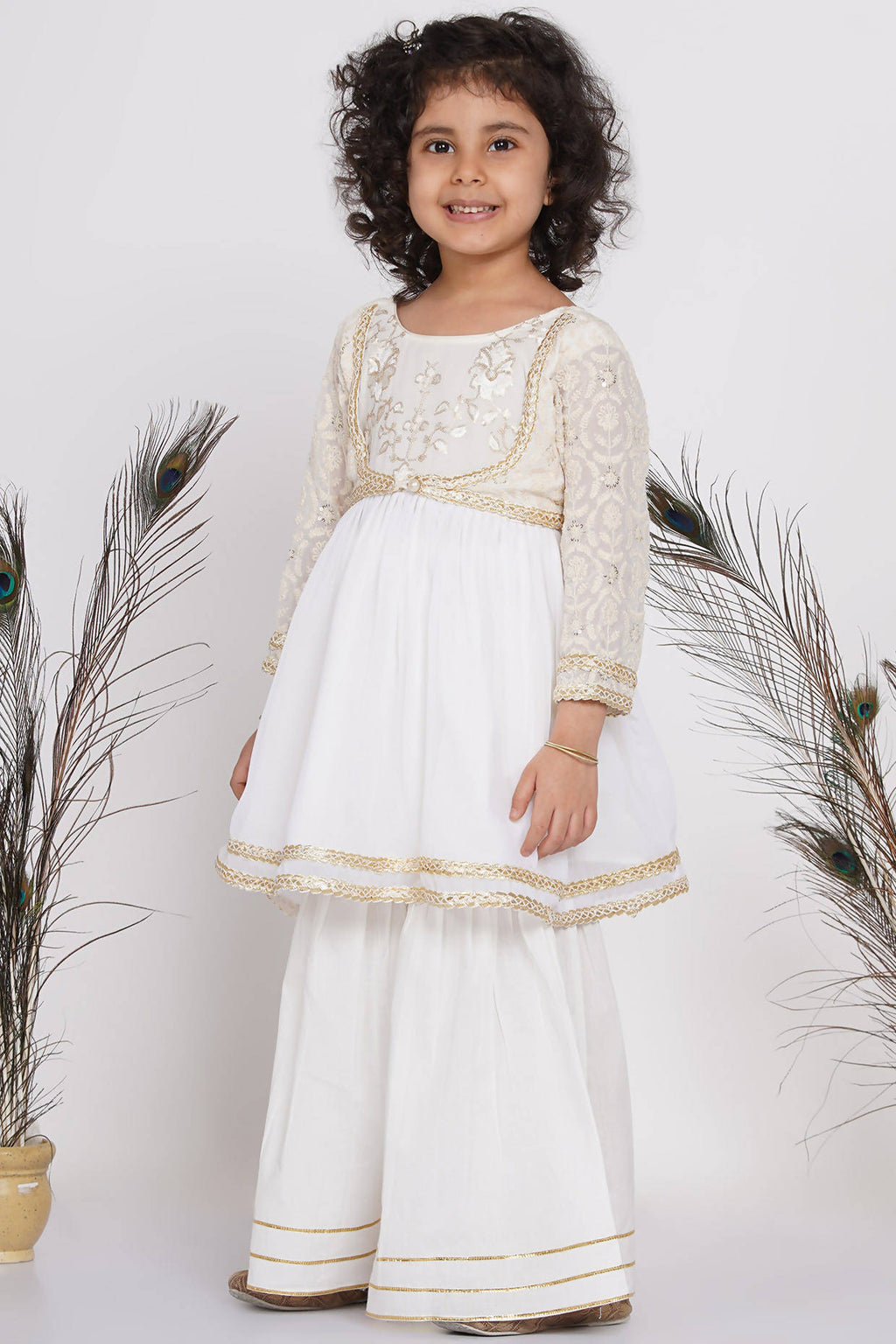 Little Bansi Girls Cotton Floral Embroidery Frock Kurta with Sharara & Dupatta - White