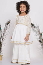 Little Bansi Girls Cotton Floral Embroidery Frock Kurta with Sharara & Dupatta - White