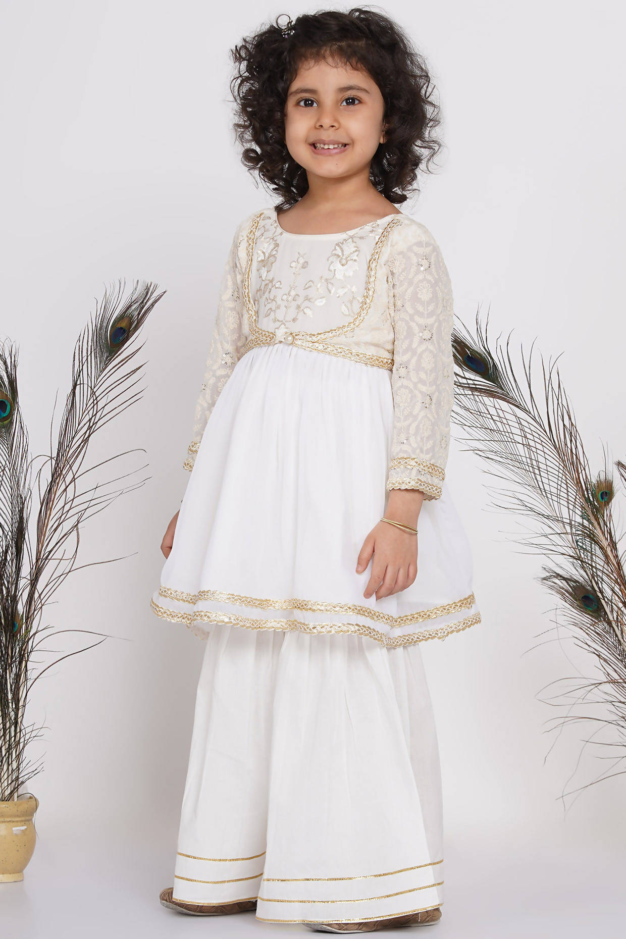 Little Bansi Girls Cotton Floral Embroidery Frock Kurta with Sharara & Dupatta - White