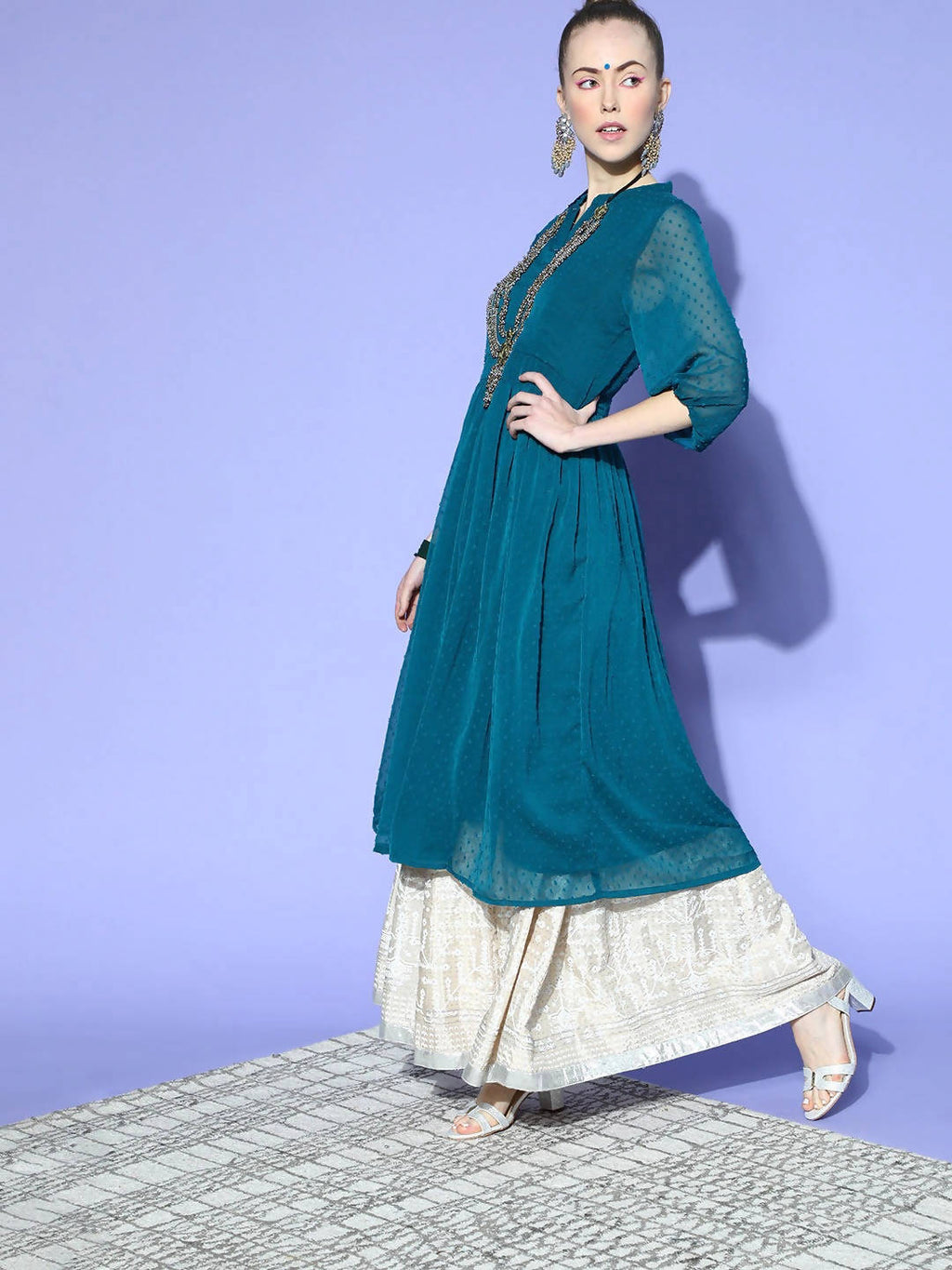 Janasya Teal Woven Design Dobby Weave Kurta - Distacart