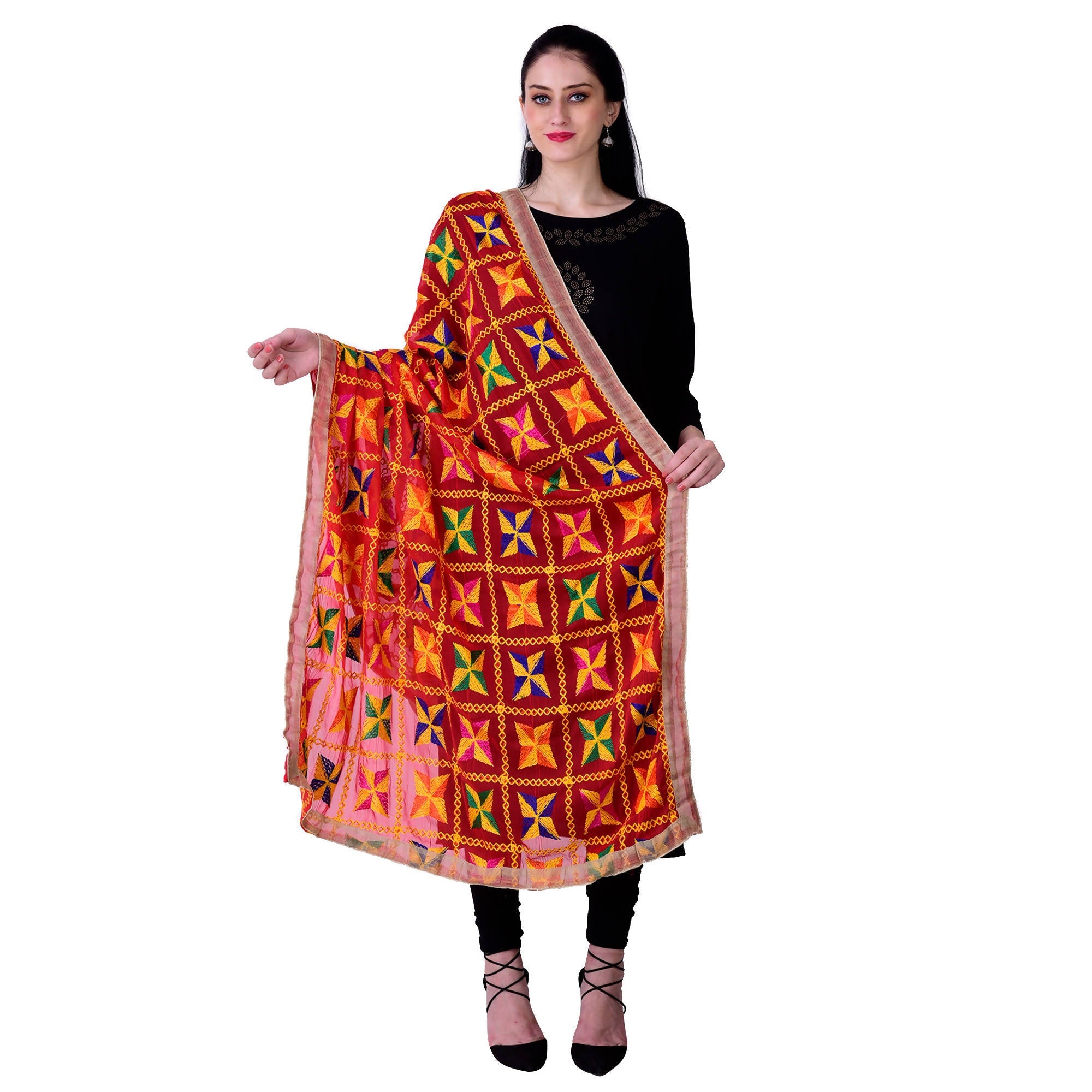 SWI Stylish Women's Embroidered Phulkari Chiffon Red Dupatta
