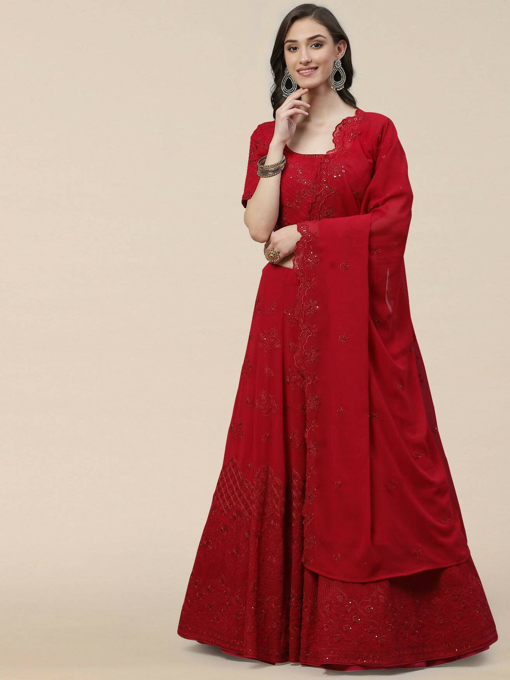 Dark Pink Georgette Thread with Sequins Embroidered work Lehenga Choli with Dupatta - Jivika