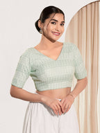 Joban Fashion Pista Green Crochet Padded Blouse With V Neck Elbow Sleeves - Distacart