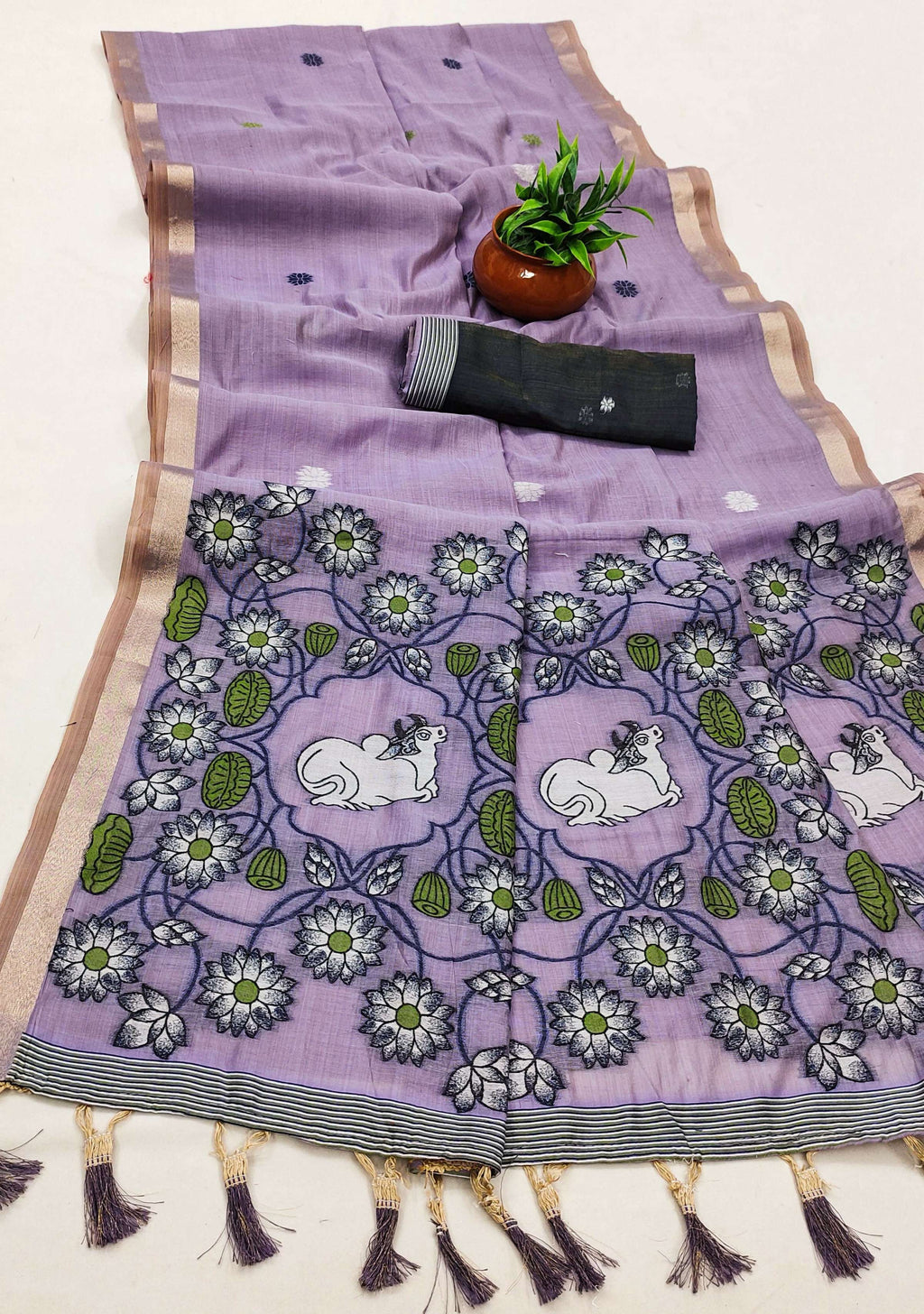 Vastranavya Lavender Muga Cotton Meenakari & Azarakh Pallu Saree with Contrast Blouse - Distacart