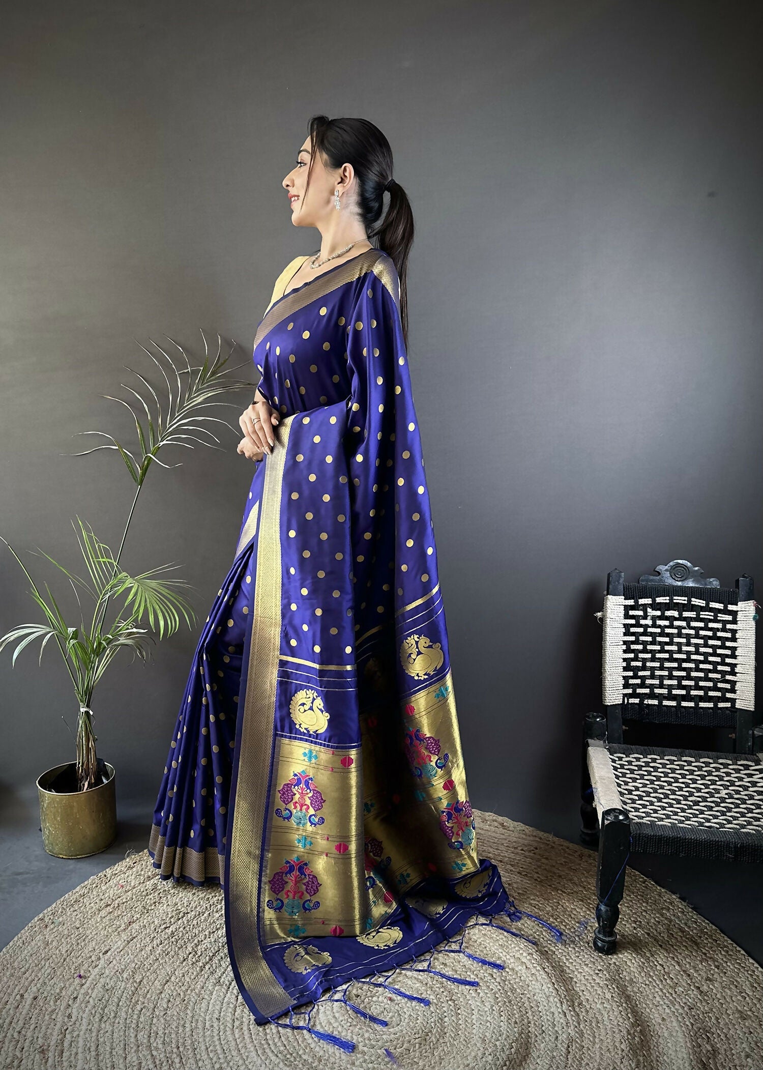 Joban Fashion Royal Blue Polka Dot Lichi Silk Paithani Silk Saree - Distacart