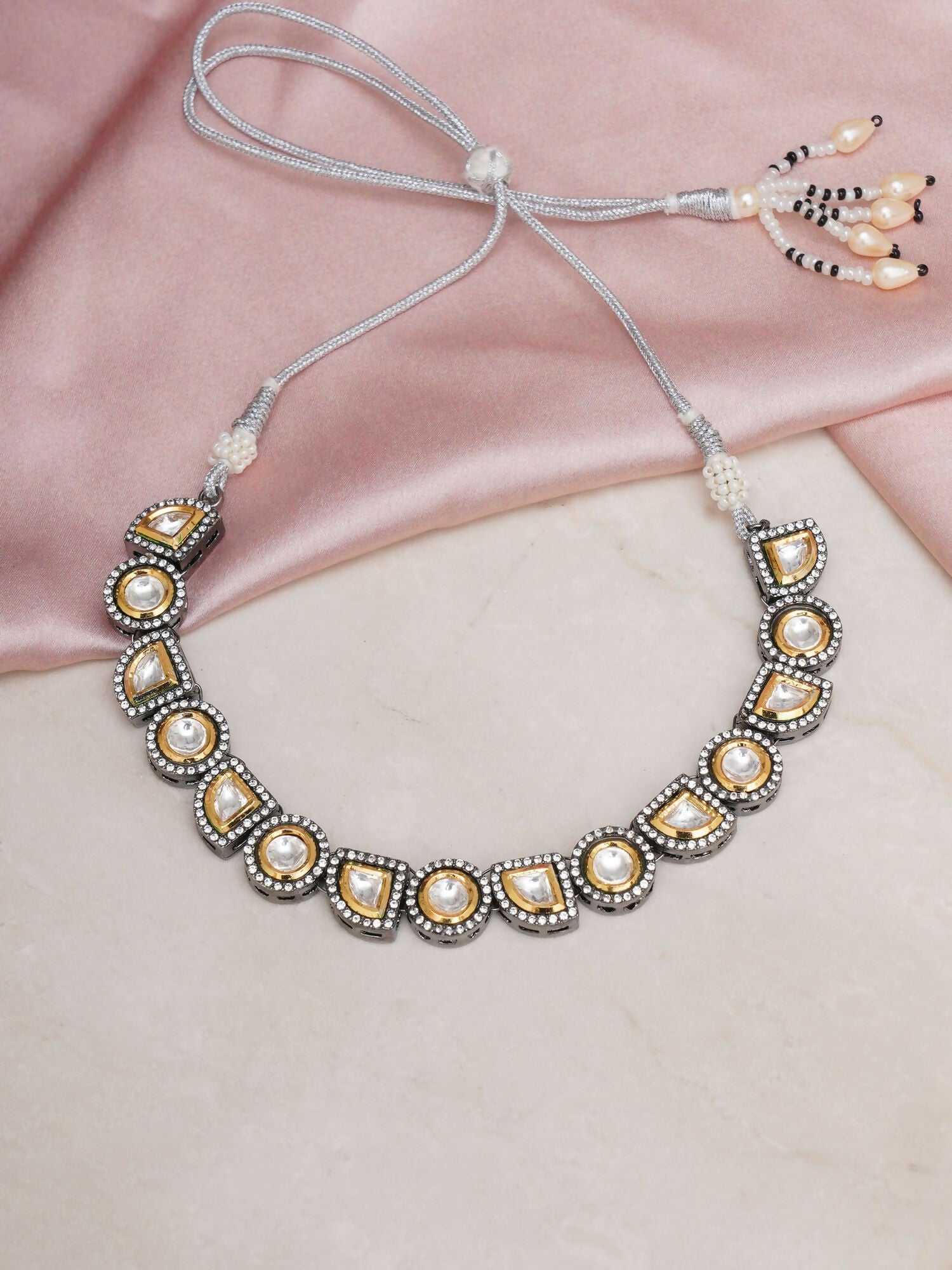 Dual Tone Kundan Neckpiece (silver) - Ruby Raang