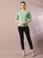 Myshka Women's Sea Green Solid Boat Neck Party Top