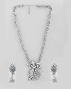 VOJ Silver Plated Oxidized Kanha Shape Long Necklace with Earring Set