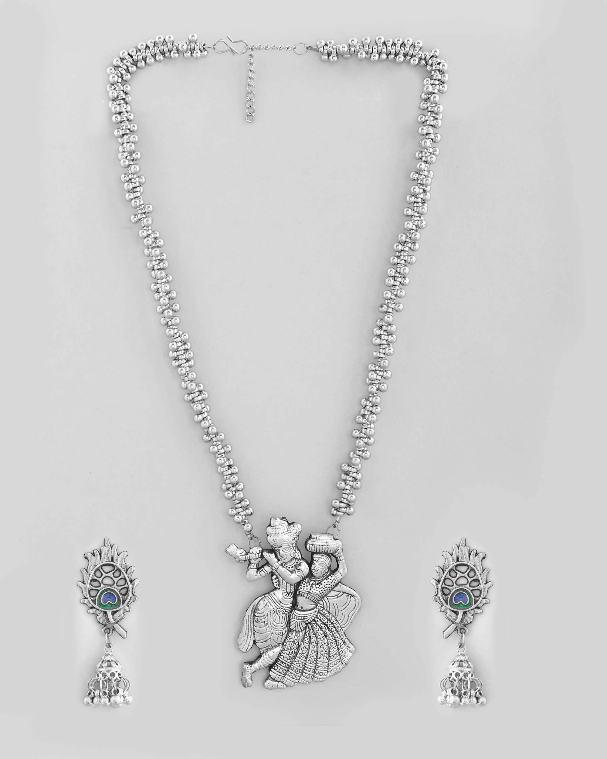 VOJ Silver Plated Oxidized Kanha Shape Long Necklace with Earring Set