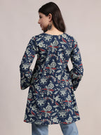 Aavyora Women's Navy Blue Cotton Tunic with Red and White Floral Print, Pin-Tuck Detailing, and Flared Sleeves