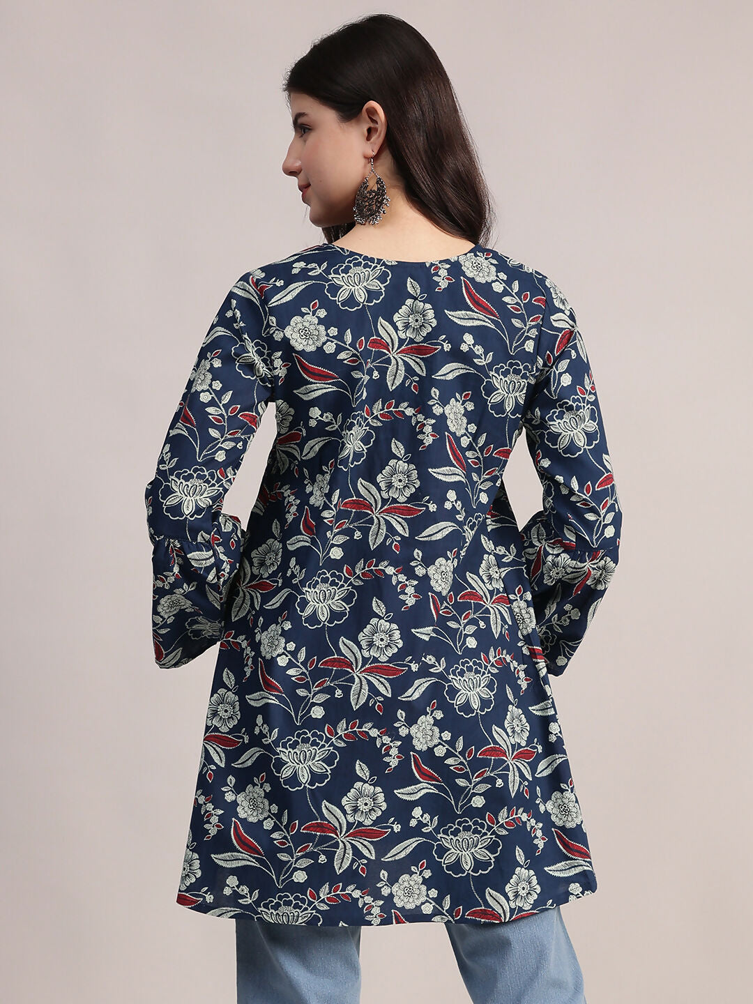 Aavyora Women's Navy Blue Cotton Tunic with Red and White Floral Print, Pin-Tuck Detailing, and Flared Sleeves