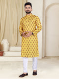 Mens Yellow Cotton Printed Kurta - Mahotsav