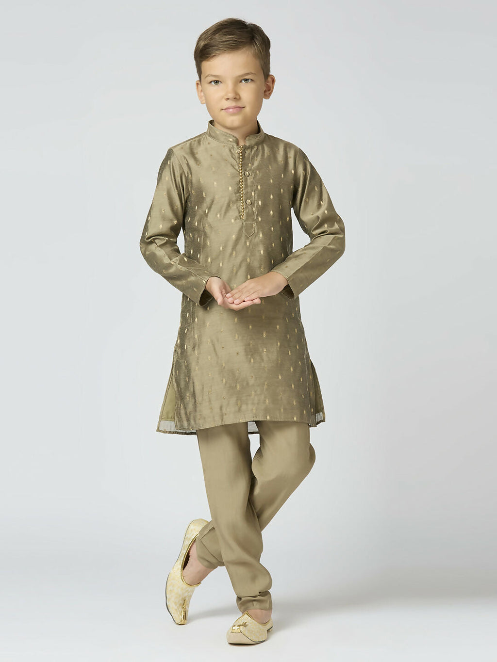 Joban Fashion Kids Island Full Sleeves Chanderi Kurta, Pyjama Set with Traditional Butta Work - Grey - Distacart