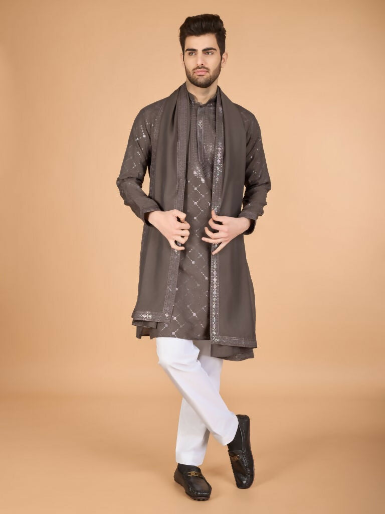 Vastranavya Brown Exclusive Festival Wear Viscose Silk Thread & Sequence Embroidered Work Kurta with Dupatta
