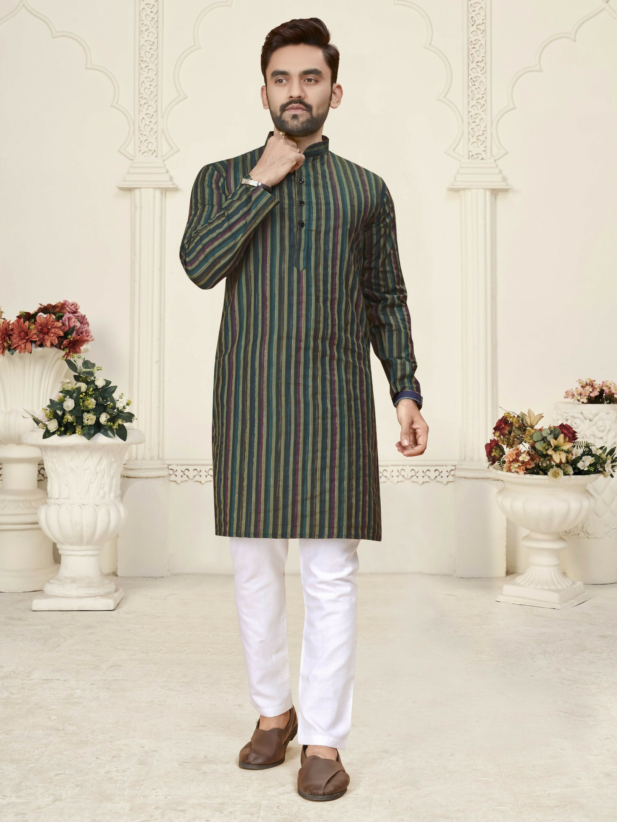 Anaita Green Jacquard Linen Cotton Straight Kurta