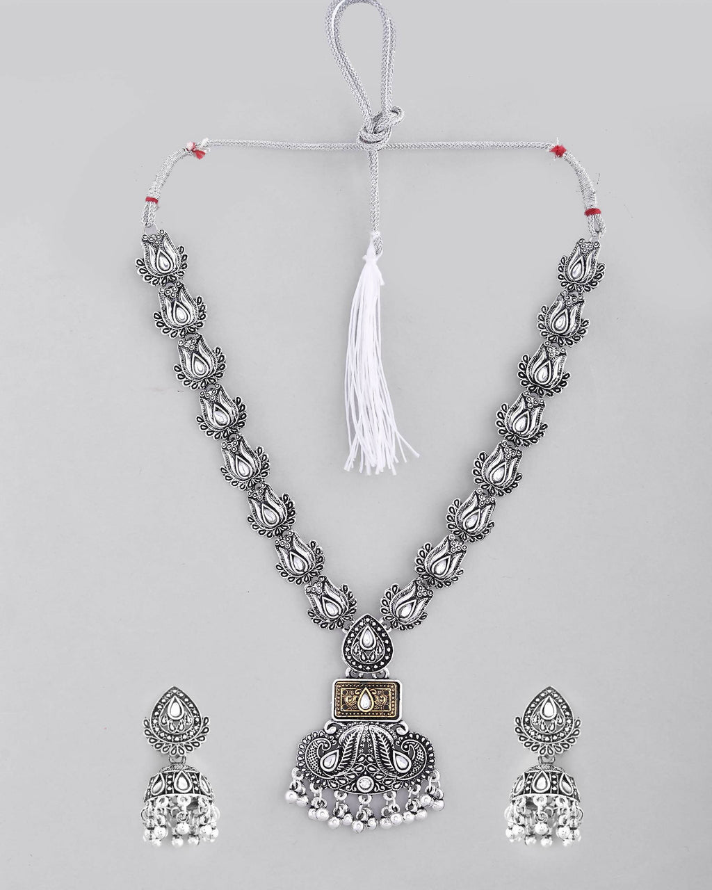 VOJ Dual Toned Oxidized Necklace With Earrings Set