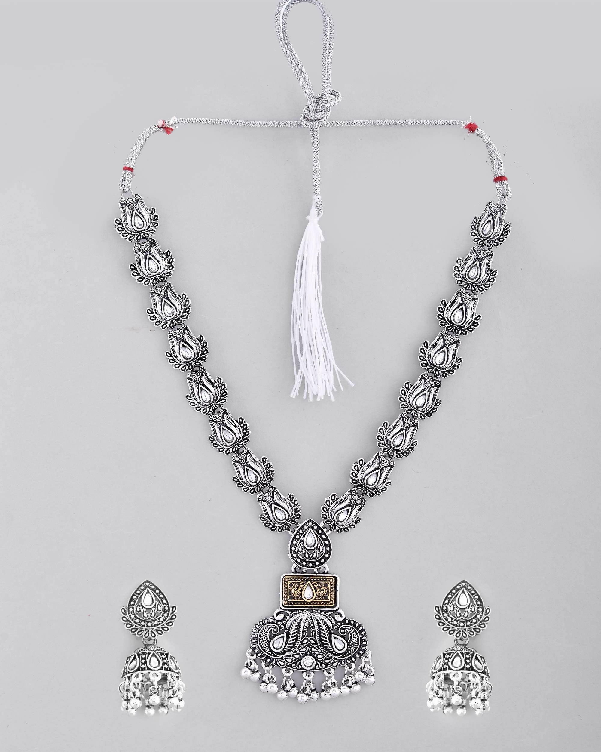 VOJ Dual Toned Oxidized Necklace With Earrings Set